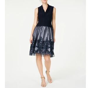 Navy and silver dress with sheer embroidered skirt